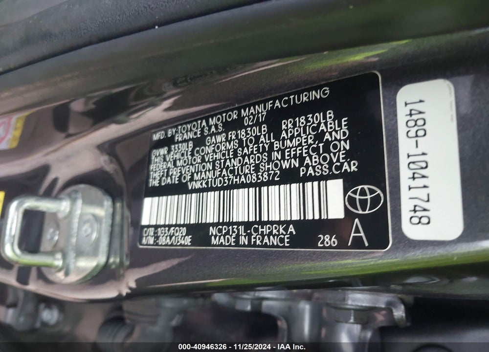 2017 TOYOTA YARIS L VIN: VNKKTUD37HA083872
