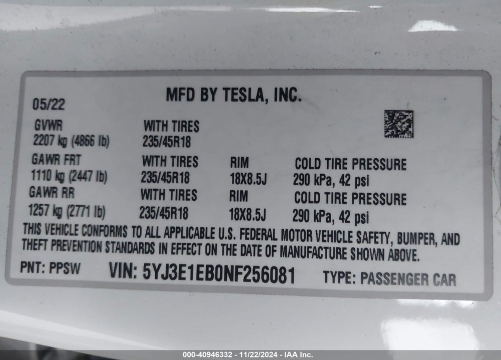 2022 TESLA MODEL 3 LONG RANGE DUAL MOTOR ALL-WHEEL DRIVE VIN: 5YJ3E1EB0NF256081
