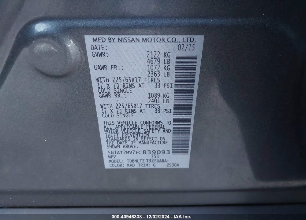 2015 NISSAN ROGUE SV VIN: 5N1AT2MV7FC839093