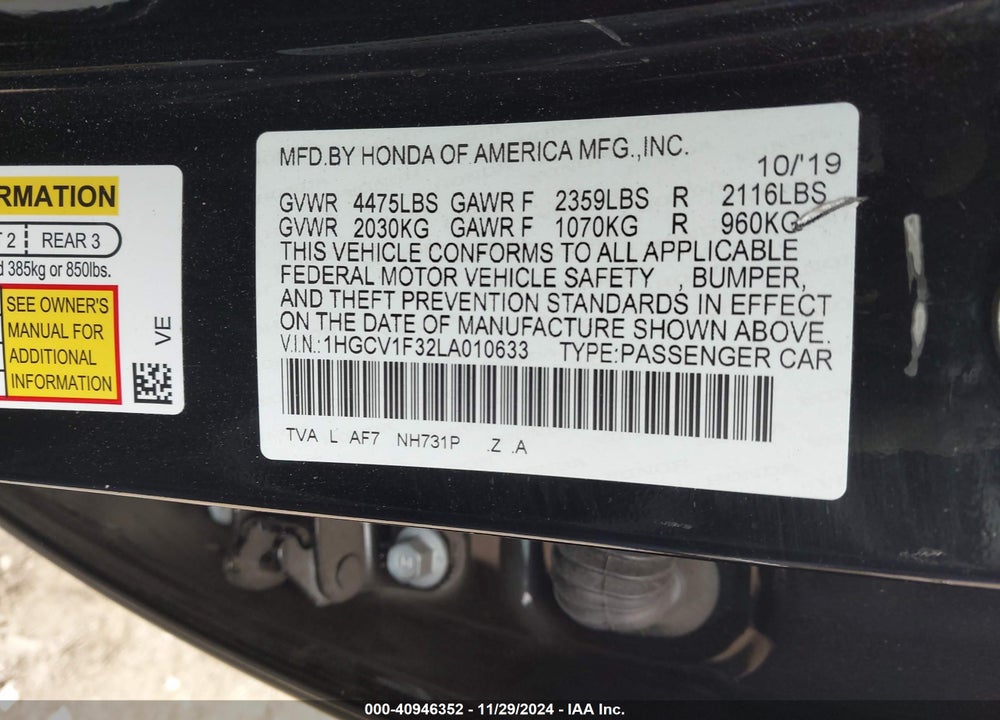 2020 HONDA ACCORD VIN: 1HGCV1F32LA010633