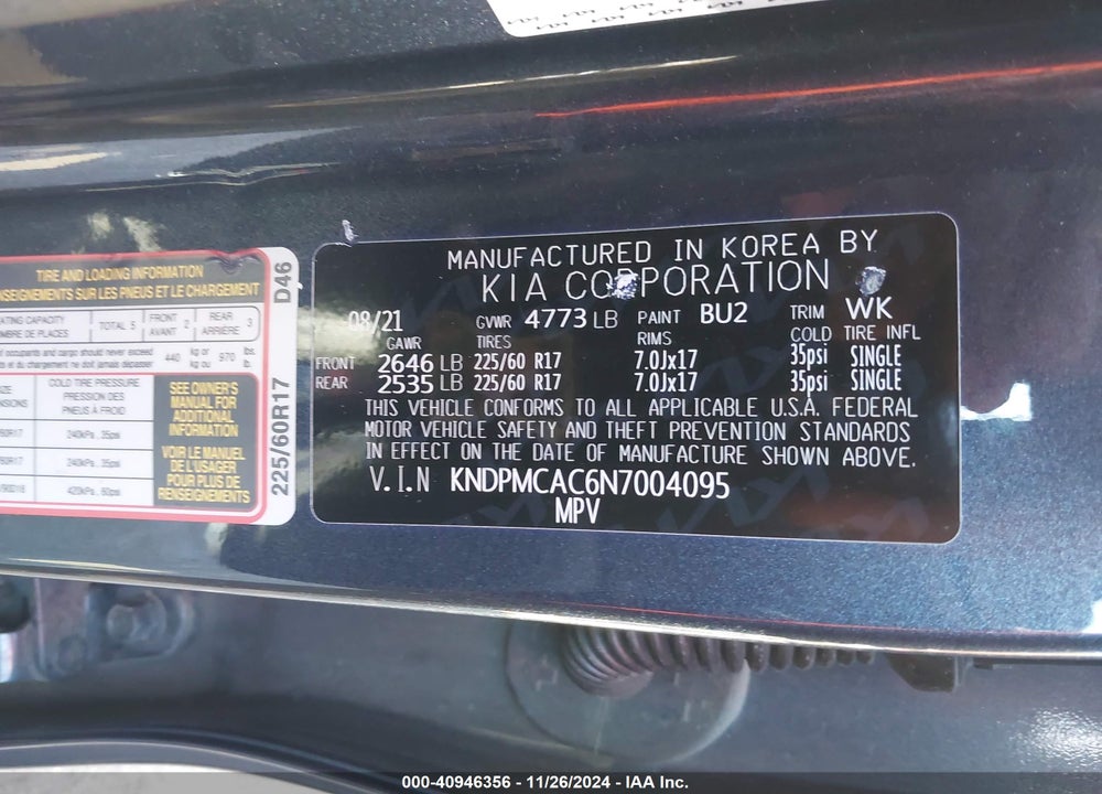 2022 KIA SPORTAGE LX VIN: KNDPMCAC6N7004095