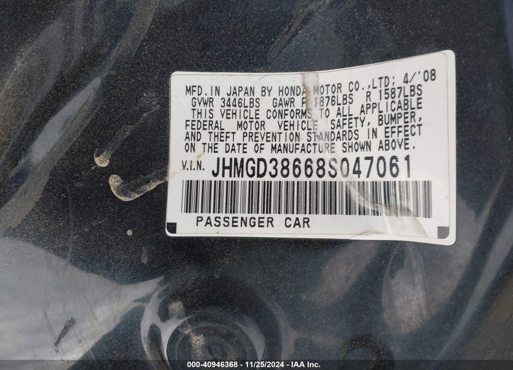 2008 HONDA FIT SPORT VIN: JHMGD38668S047061