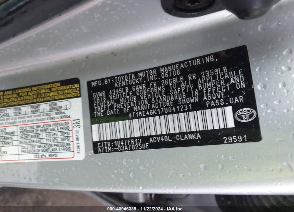 2007 TOYOTA CAMRY LE VIN: 4T1BE46K17U041231