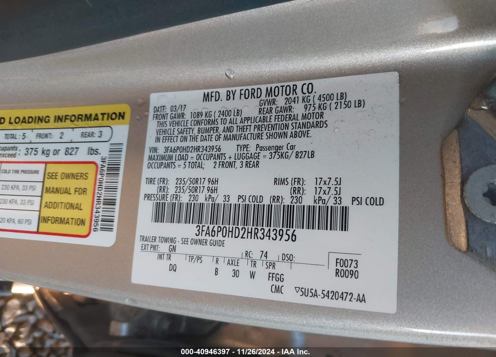 2017 FORD FUSION VIN: 3FA6P0HD2HR343956