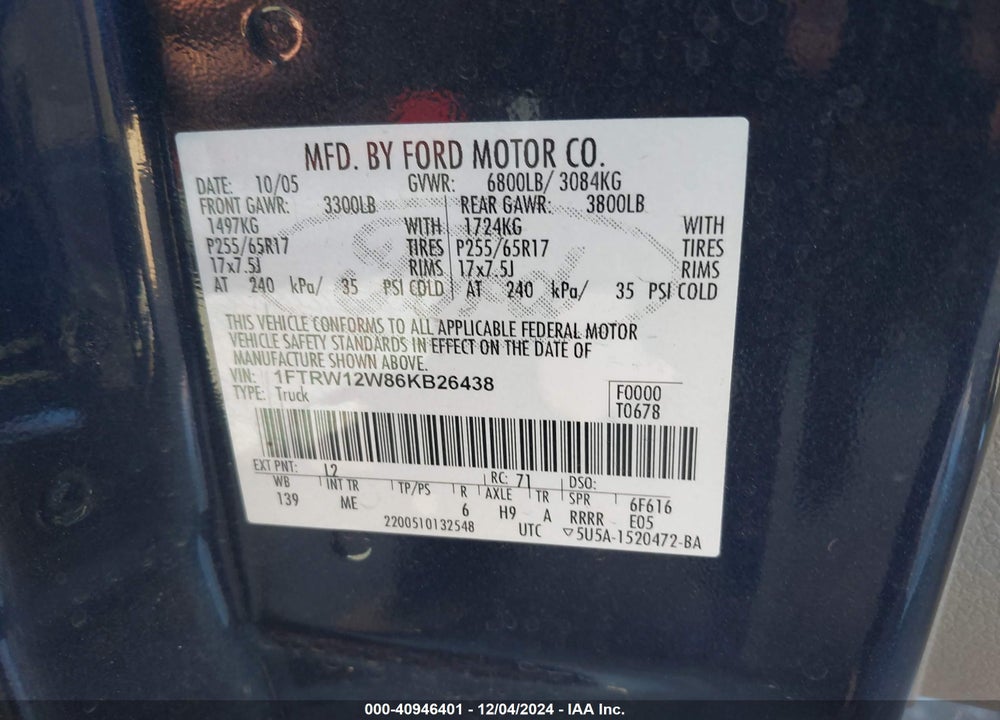 2006 FORD F-150 XLT VIN: 1FTRW12W86KB26438