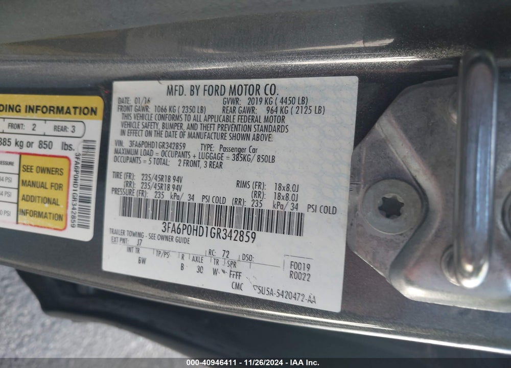 2016 FORD FUSION SE VIN: 3FA6P0HD1GR342859