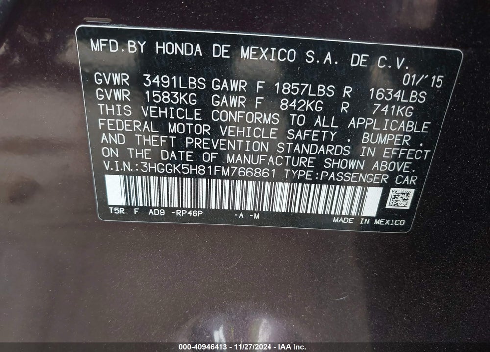 2015 HONDA FIT EX/EX-L VIN: 3HGGK5H81FM766861
