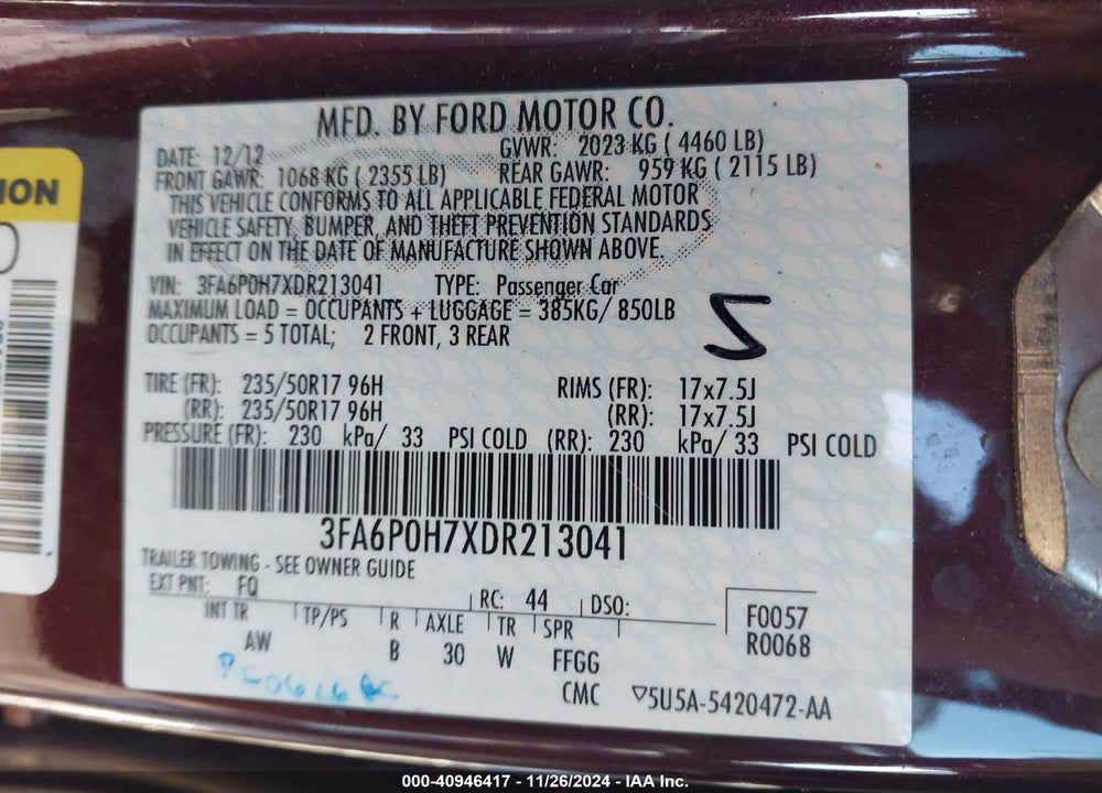2013 FORD FUSION SE VIN: 3FA6P0H7XDR213041