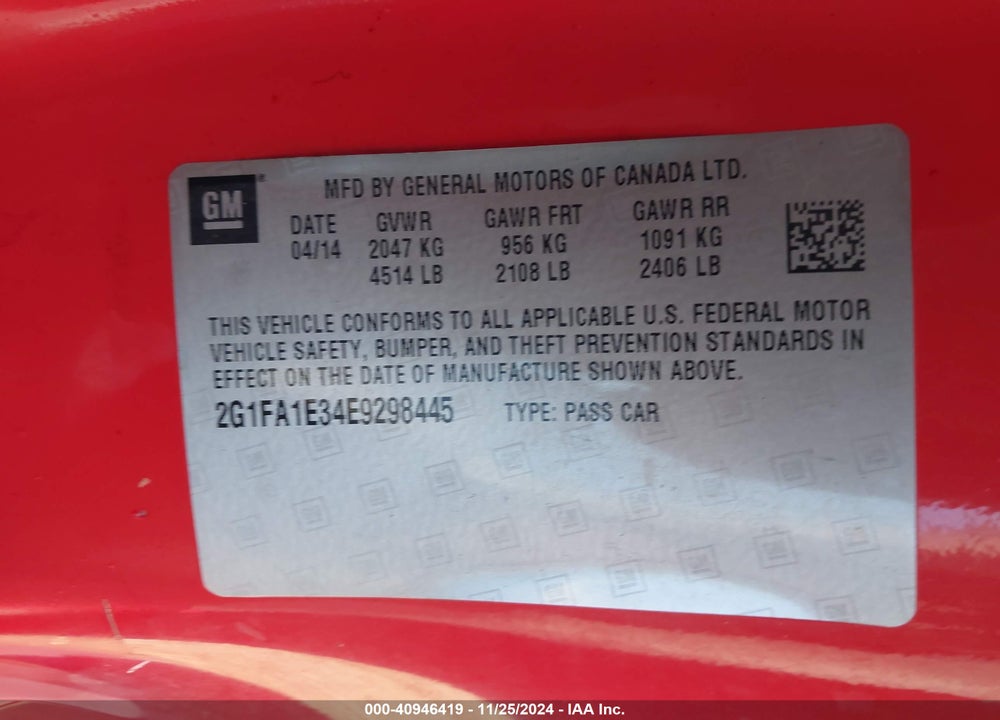 2014 CHEVROLET CAMARO 2LS VIN: 2G1FA1E34E9298445
