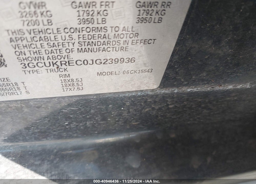2018 CHEVROLET SILVERADO 1500 2LT VIN: 3GCUKREC0JG239936