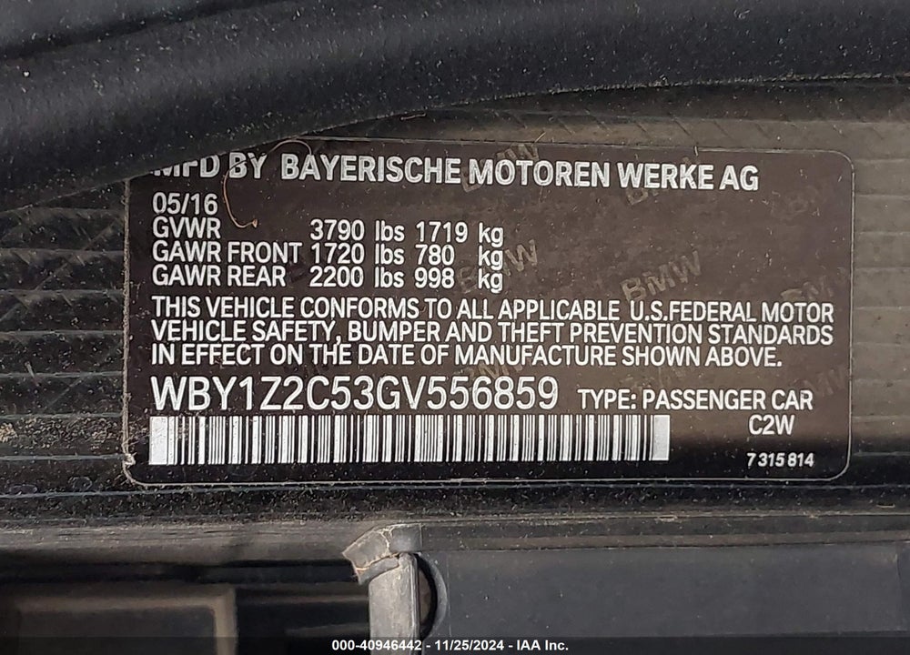 2016 BMW I3 VIN: WBY1Z2C53GV556859