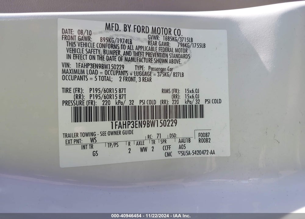 2011 FORD FOCUS S VIN: 1FAHP3EN9BW150229