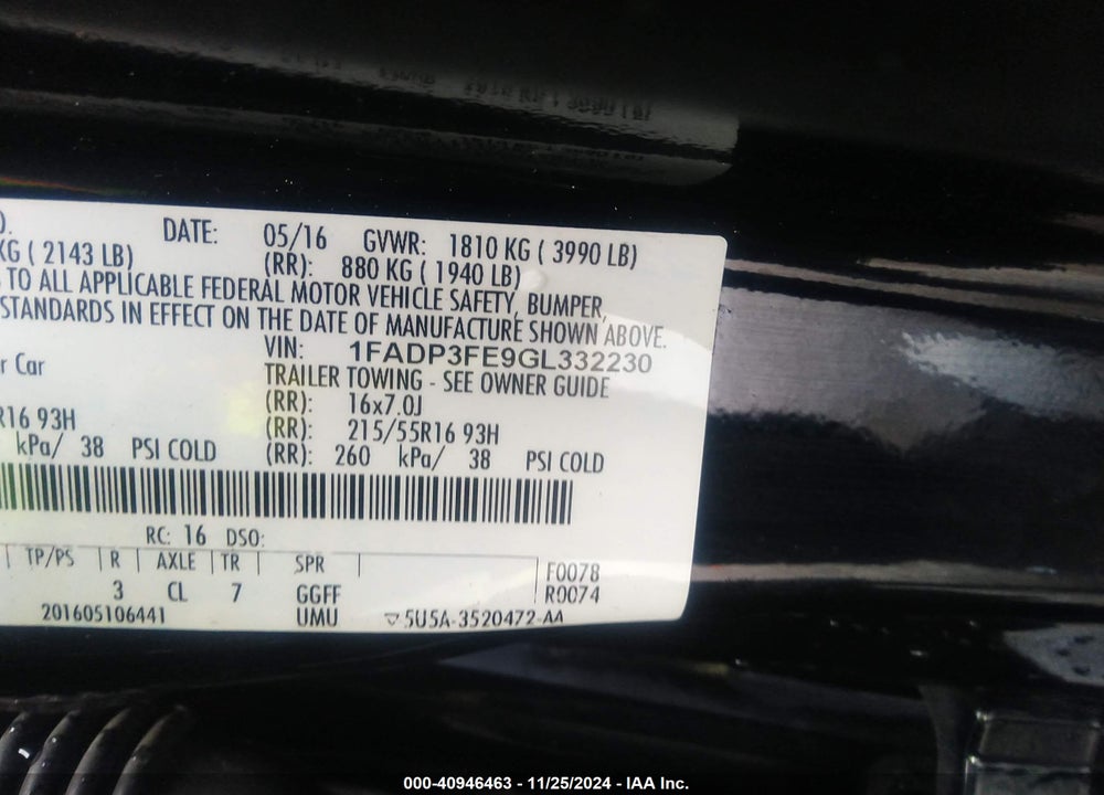 2016 FORD FOCUS SE VIN: 1FADP3FE9GL332230