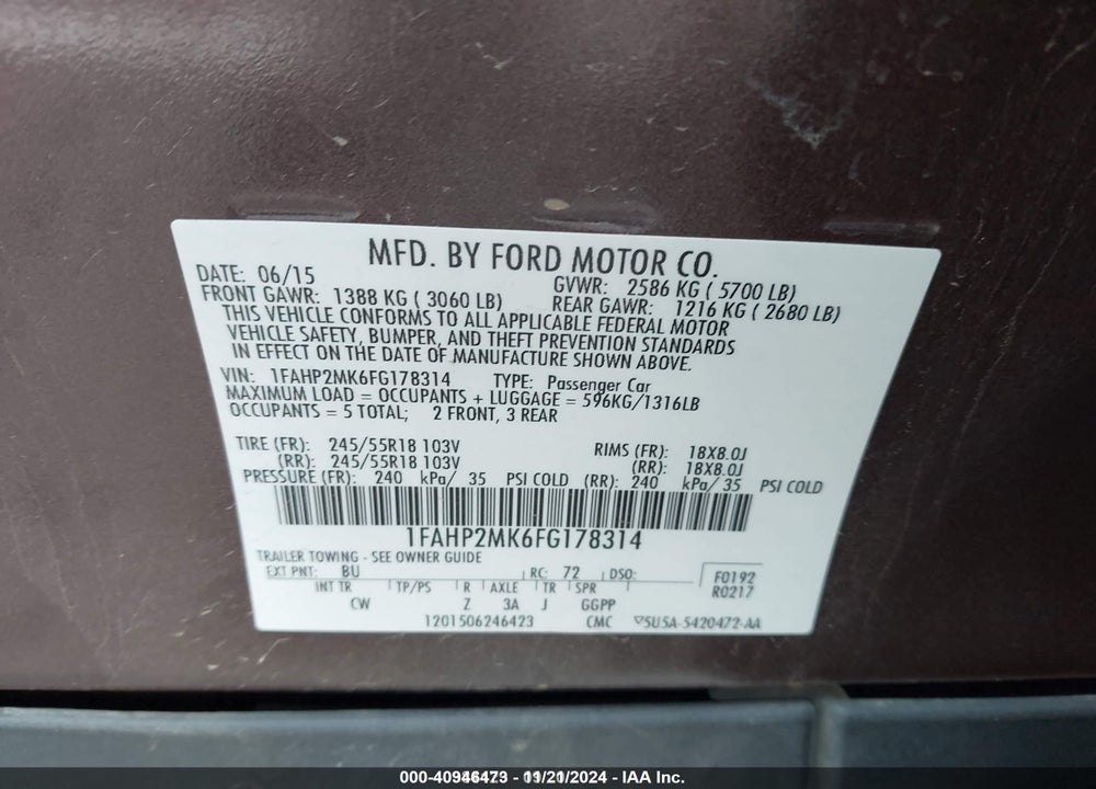 2015 FORD POLICE INTERCEPTOR VIN: 1FAHP2MK6FG178314
