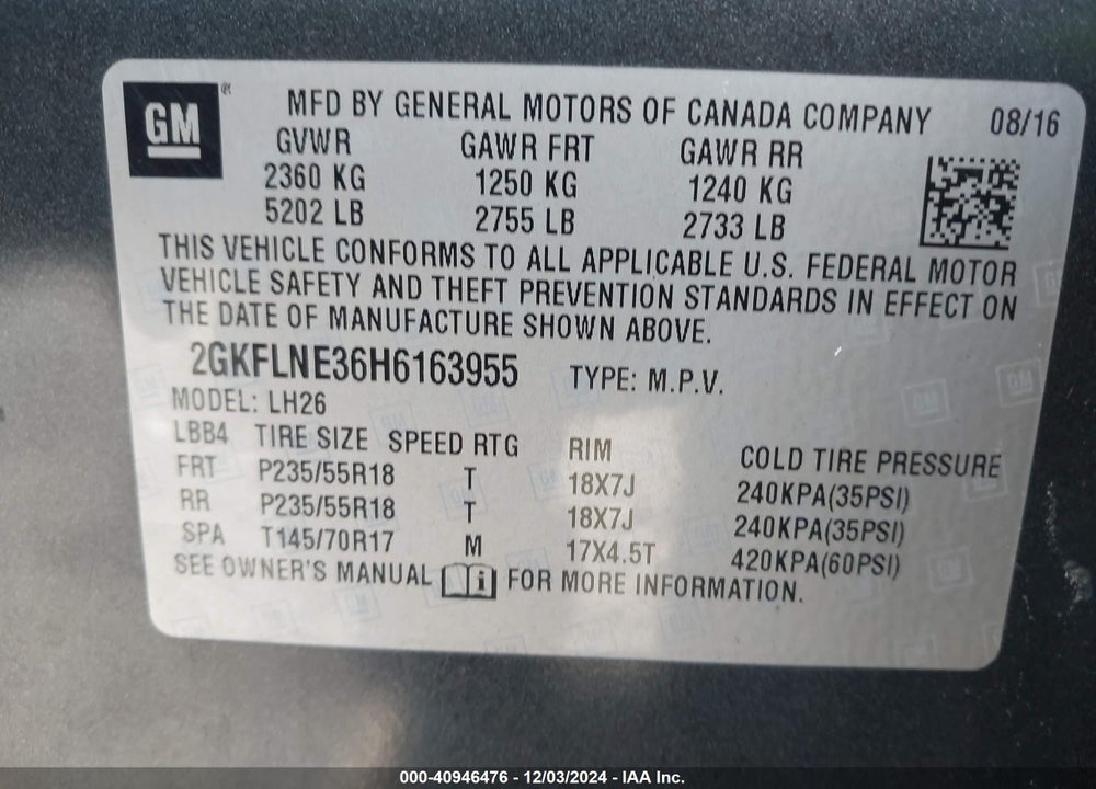 2017 GMC TERRAIN SLE-2 VIN: 2GKFLNE36H6163955