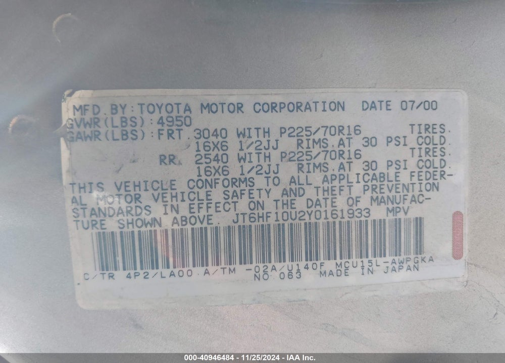 2000 LEXUS RX 300 VIN: JT6HF10U2Y0161933