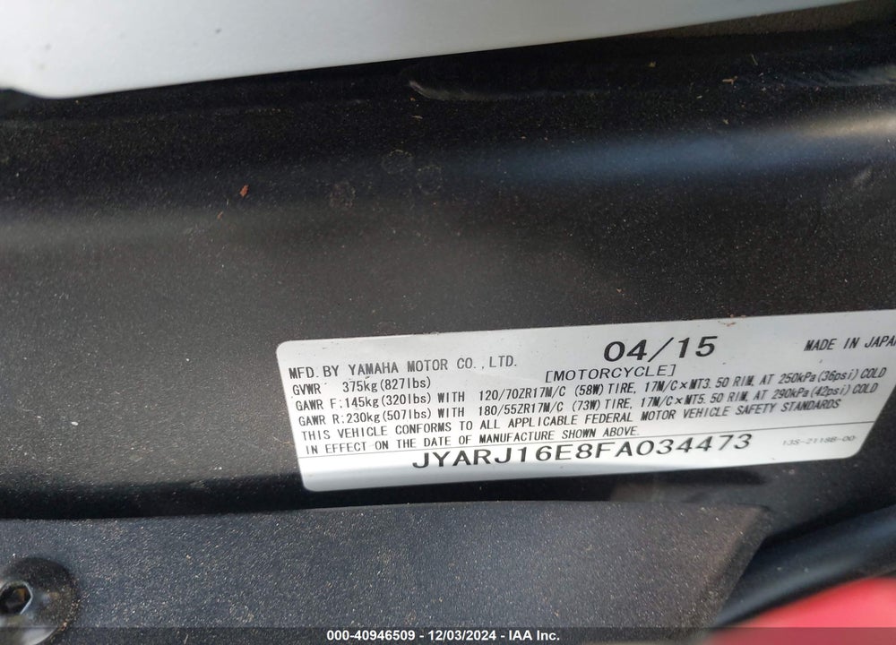 2015 YAMAHA YZFR6 VIN: JYARJ16E8FA034473