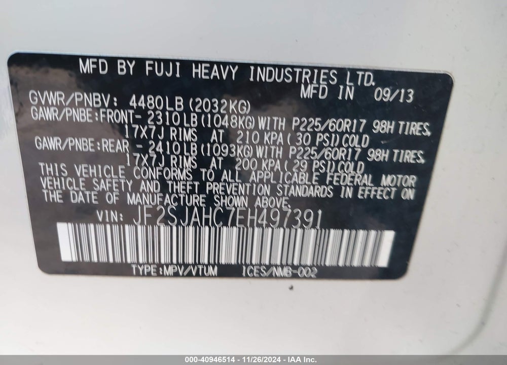 2014 SUBARU FORESTER 2.5I LIMITED VIN: JF2SJAHC7EH497391