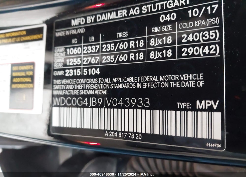 2018 MERCEDES-BENZ GLC 300 VIN: WDC0G4JB9JV043933