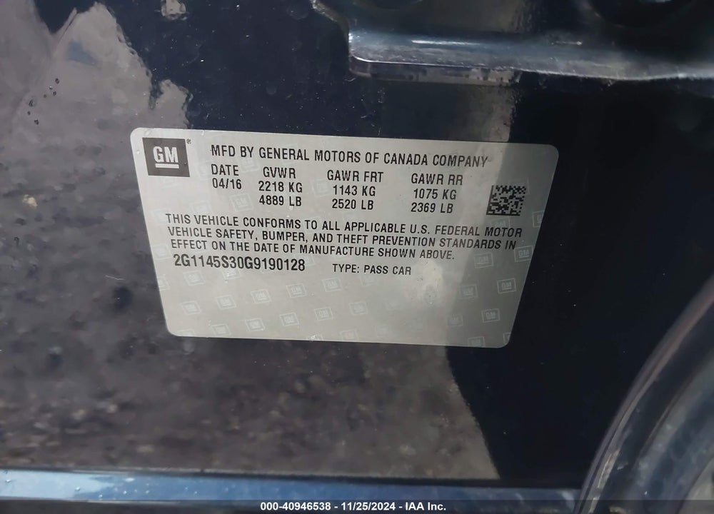 2016 CHEVROLET IMPALA 2LZ VIN: 2G1145S30G9190128
