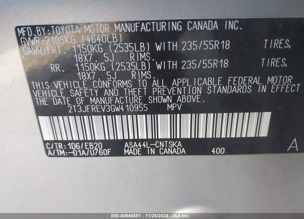 2016 TOYOTA RAV4 SE VIN: 2T3JFREV3GW410955
