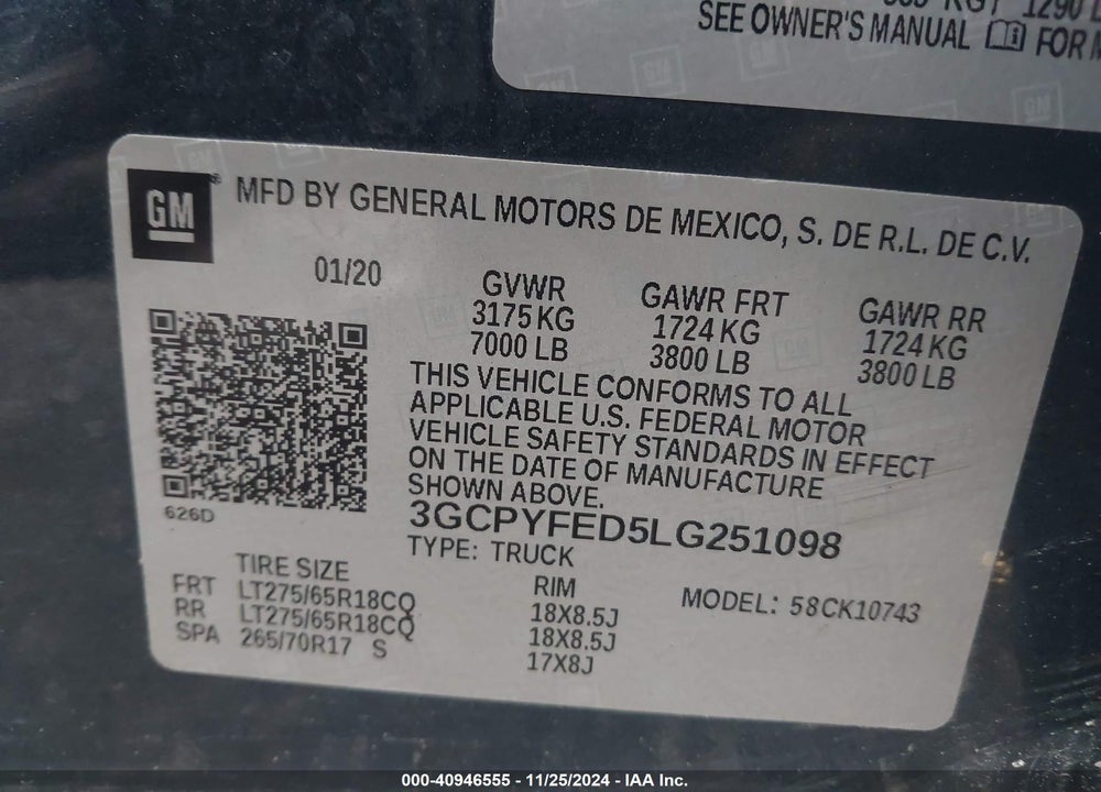 2020 CHEVROLET SILVERADO 1500 4WD STANDARD BED LT TRAIL BOSS VIN: 3GCPYFED5LG251098