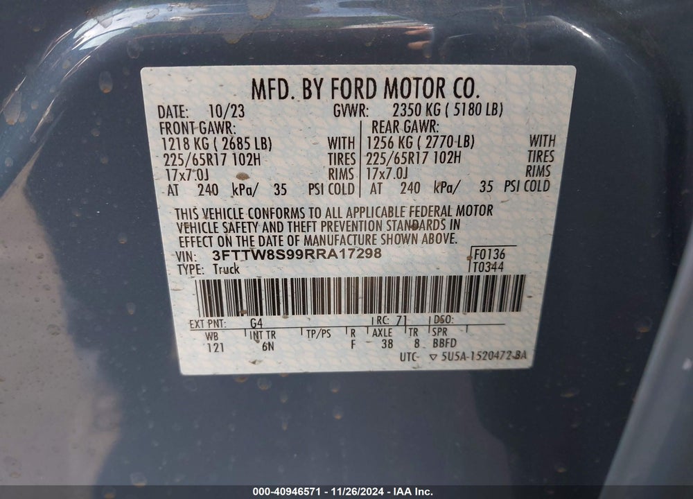 2024 FORD MAVERICK LARIAT VIN: 3FTTW8S99RRA17298
