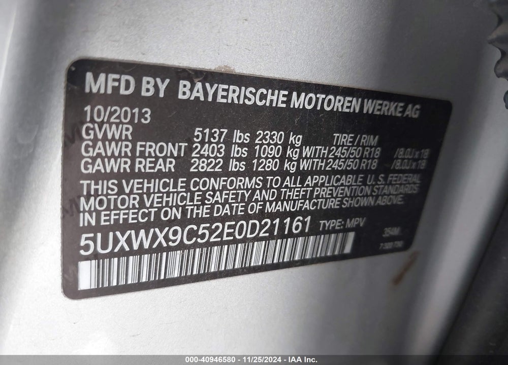 2014 BMW X3 XDRIVE28I VIN: 5UXWX9C52E0D21161