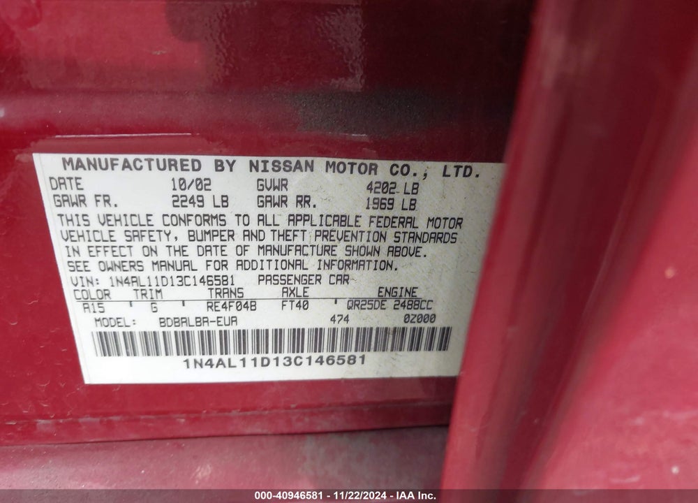 2003 NISSAN ALTIMA 2.5 S VIN: 1N4AL11D13C146581