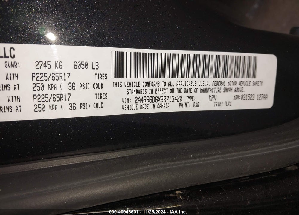 2011 CHRYSLER TOWN & COUNTRY LIMITED VIN: 2A4RR6DGXBR713420