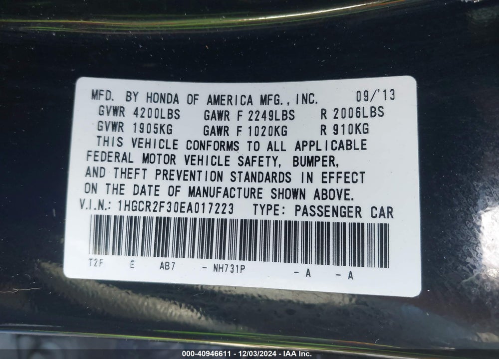 2014 HONDA ACCORD LX VIN: 1HGCR2F30EA017223