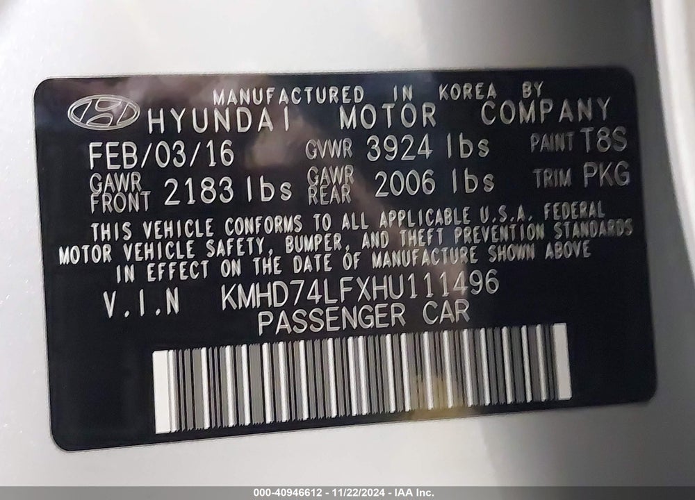 2017 HYUNDAI ELANTRA SE VIN: KMHD74LFXHU111496