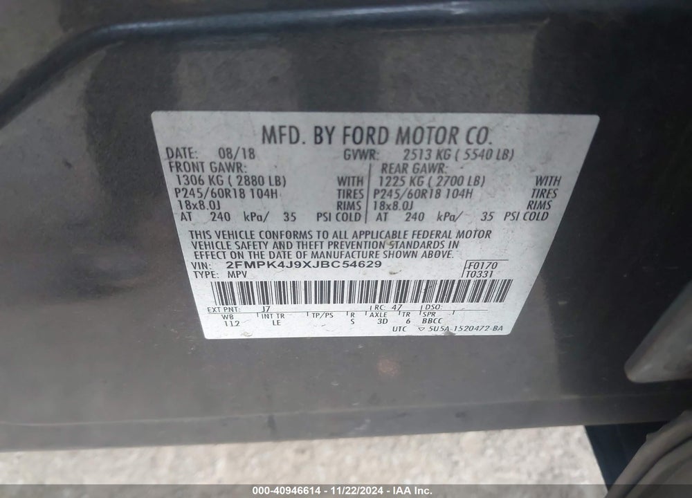2018 FORD EDGE SEL VIN: 2FMPK4J9XJBC54629