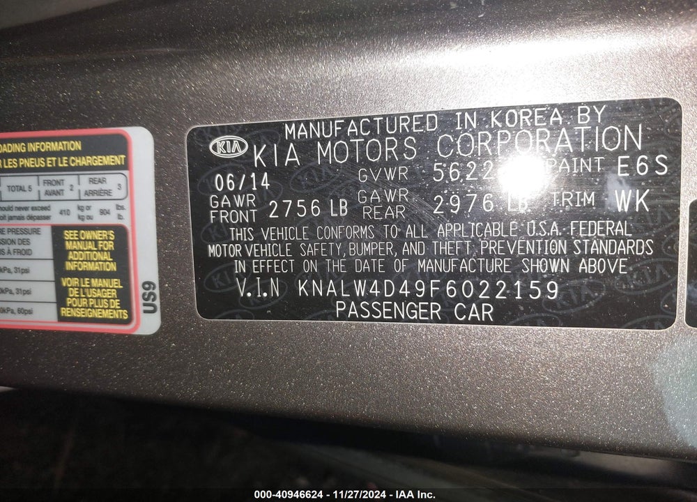 2015 KIA K900 LUXURY VIN: KNALW4D49F6022159
