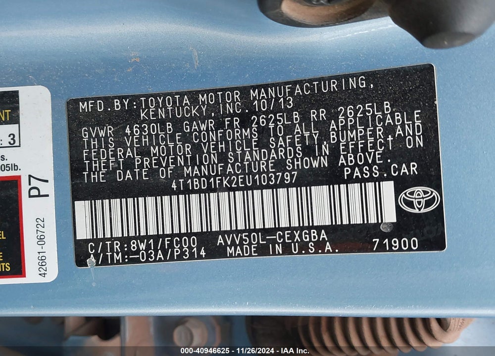 2014 TOYOTA CAMRY HYBRID XLE VIN: 4T1BD1FK2EU103797