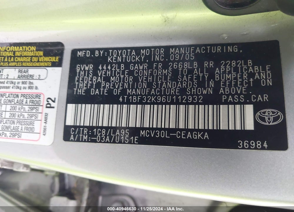 2006 TOYOTA CAMRY VIN: 4T1BF32K96U112932