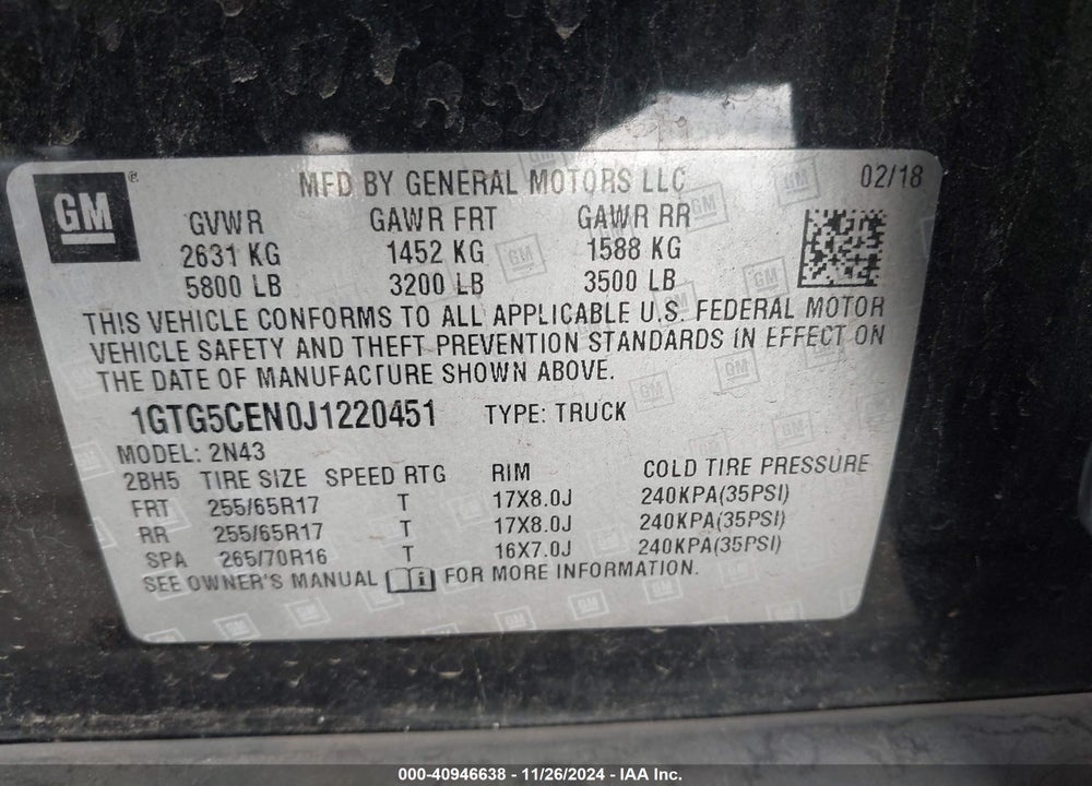 2018 GMC CANYON SLE VIN: 1GTG5CEN0J1220451