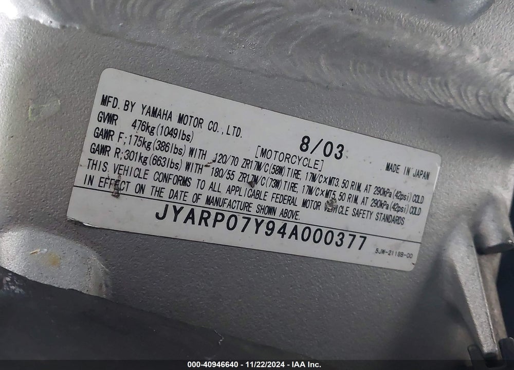 2004 YAMAHA FJR1300 VIN: JYARP07Y94A000377