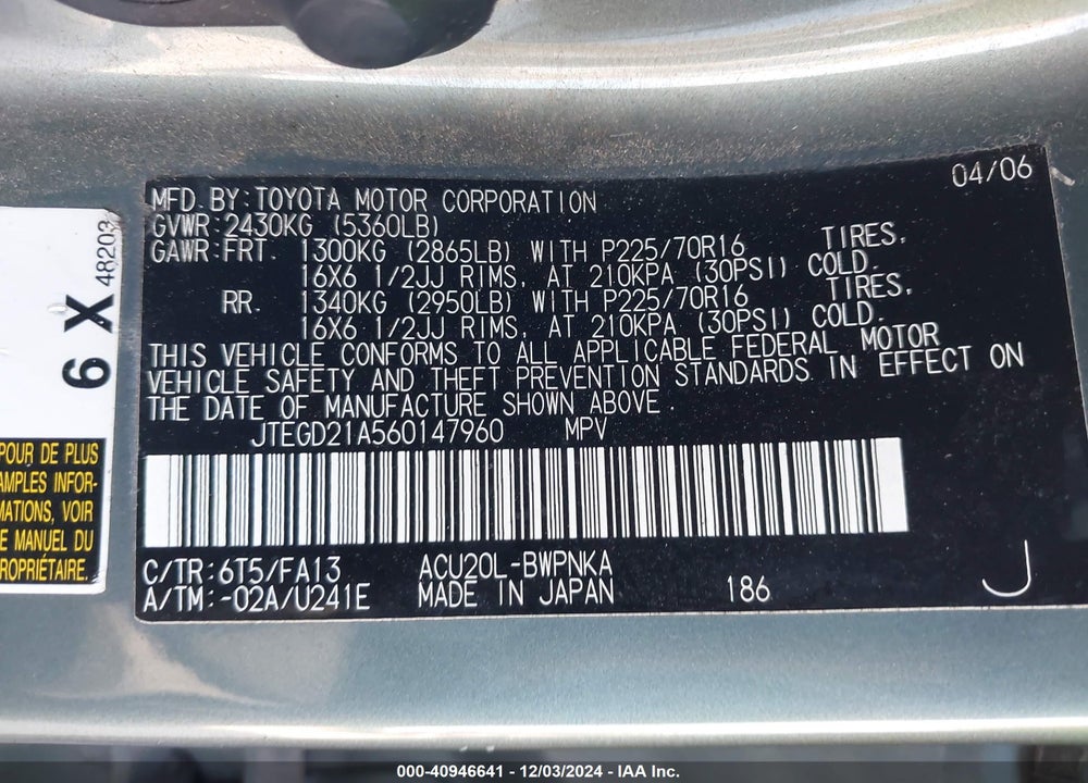 2006 TOYOTA HIGHLANDER VIN: JTEGD21A560147960