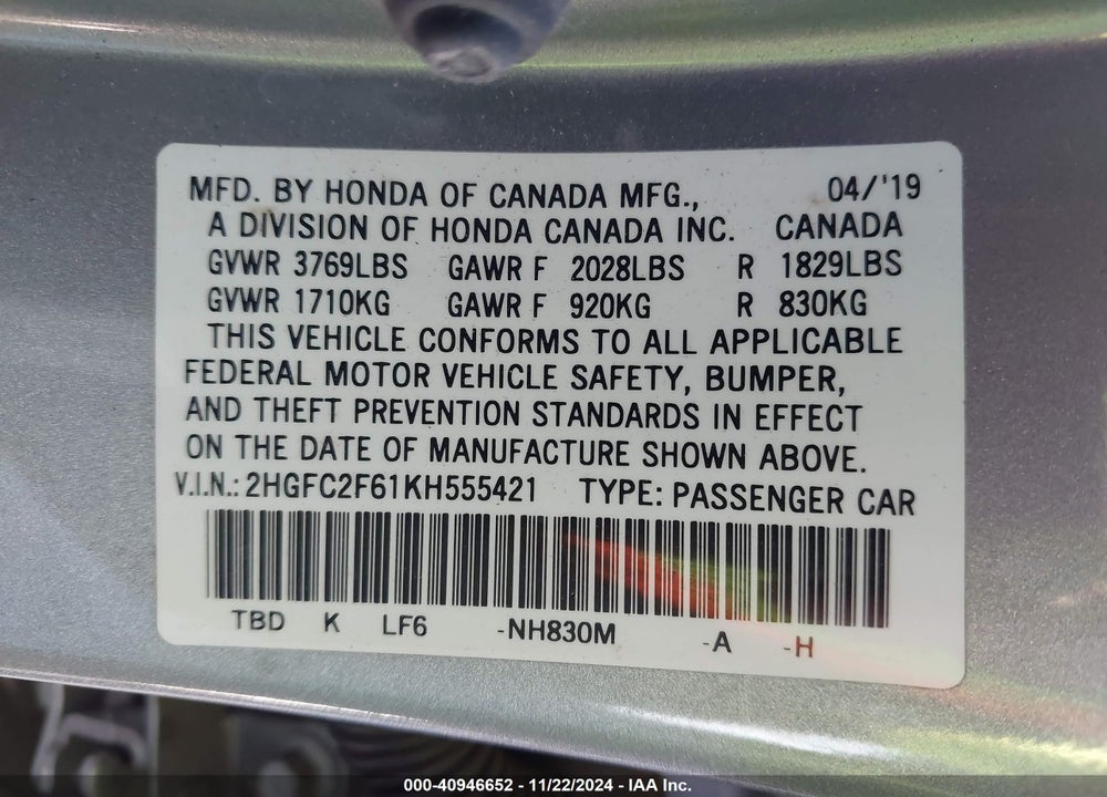 2019 HONDA CIVIC LX VIN: 2HGFC2F61KH555421