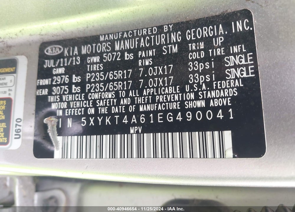 2014 KIA SORENTO LX VIN: 5XYKT4A61EG490041