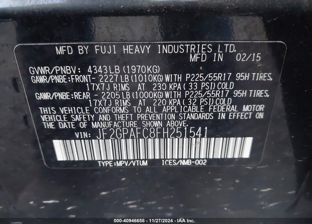 2015 SUBARU XV CROSSTREK 2.0I PREMIUM VIN: JF2GPAFC8FH251541