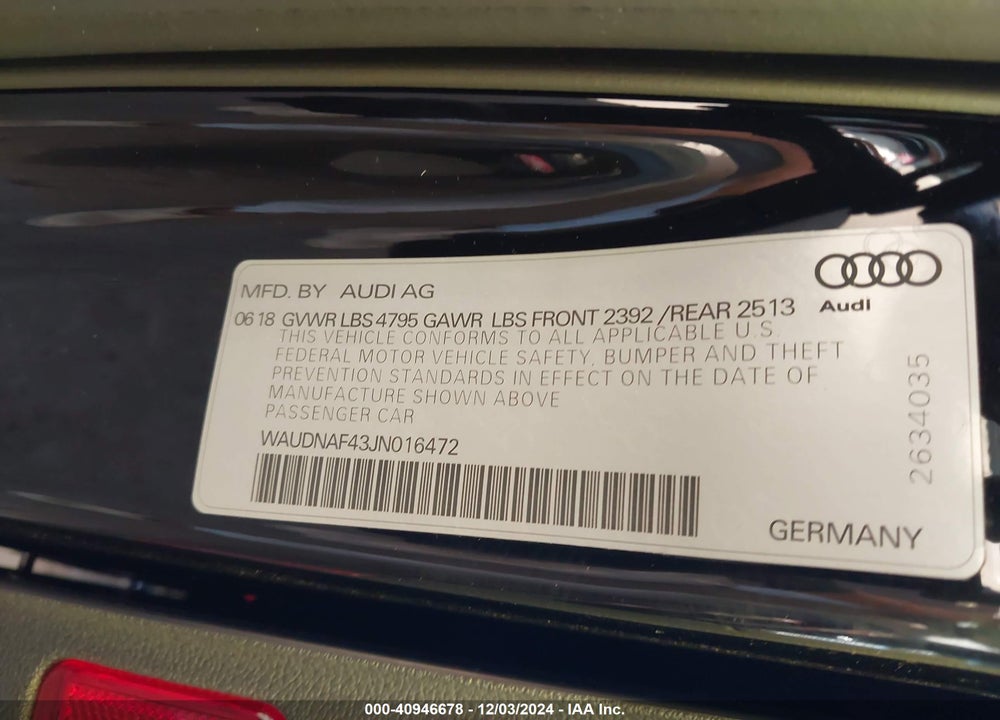 2018 AUDI A4 VIN: WAUDNAF43JN016472