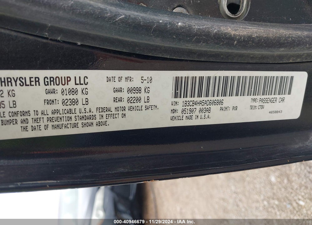 2010 DODGE CALIBER VIN: 1B3CB4HA5AD606806