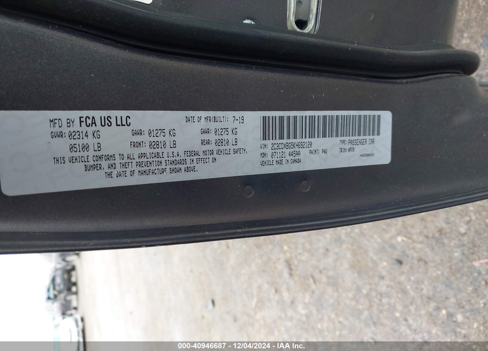 2019 DODGE CHARGER VIN: 2C3CDXBG5KH692120