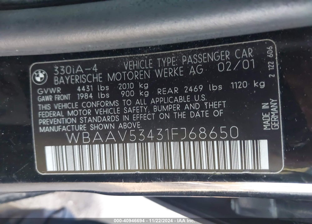 2001 BMW 330I VIN: WBAAV53431FJ68650