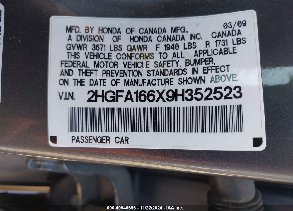 2009 HONDA CIVIC LX-S VIN: 2HGFA166X9H352523