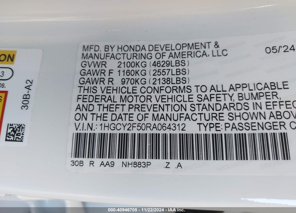 2024 HONDA ACCORD HYBRID SPORT VIN: 1HGCY2F50RA064312