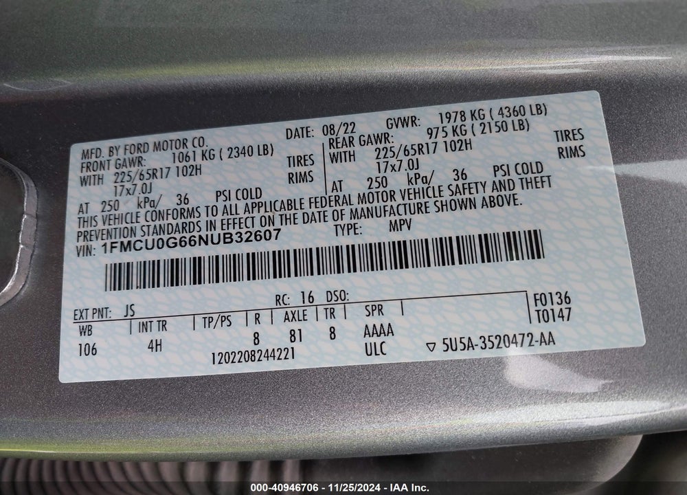 2022 FORD ESCAPE SE VIN: 1FMCU0G66NUB32607