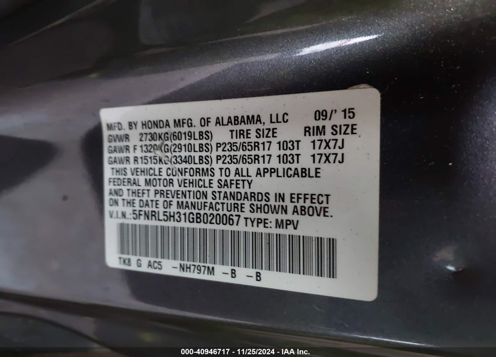2016 HONDA ODYSSEY SE VIN: 5FNRL5H31GB020067